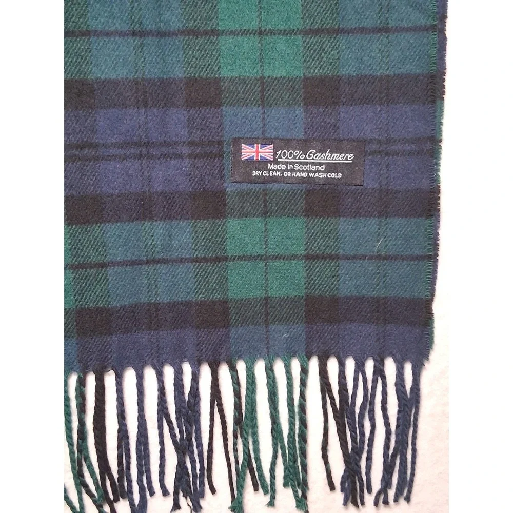 100% Cashmere Men's Scarf Green Blue Plaid Tartan Made in Scotland 65